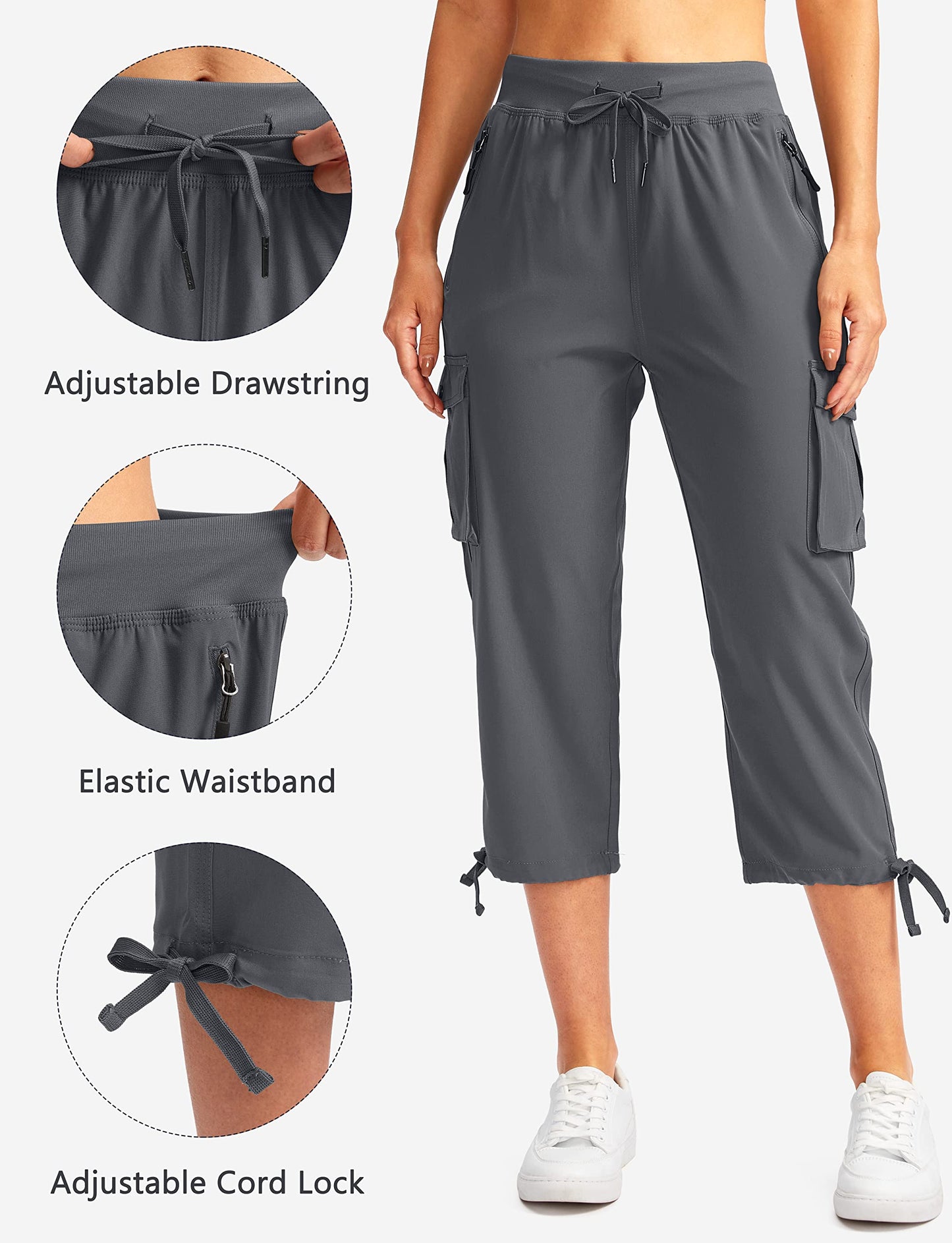 Soothfeel Women's Cargo Capris Pants with 6 Pockets Lightweight Quick Dry Travel Hiking Summer Pants for Women Casual (Deep Grey, XXL)