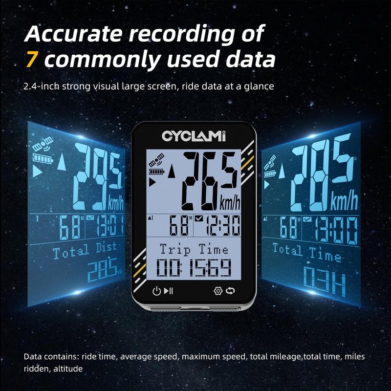 CYCLAMI Bike Computer Wireless - 5-Satellite GPS Cycling Speedometer | 2.4" Sun-Readable Screen | 50g Ultralight | 20+H Battery IPX7 Waterproof Bicycle GPS for Road/MTB Bikes
