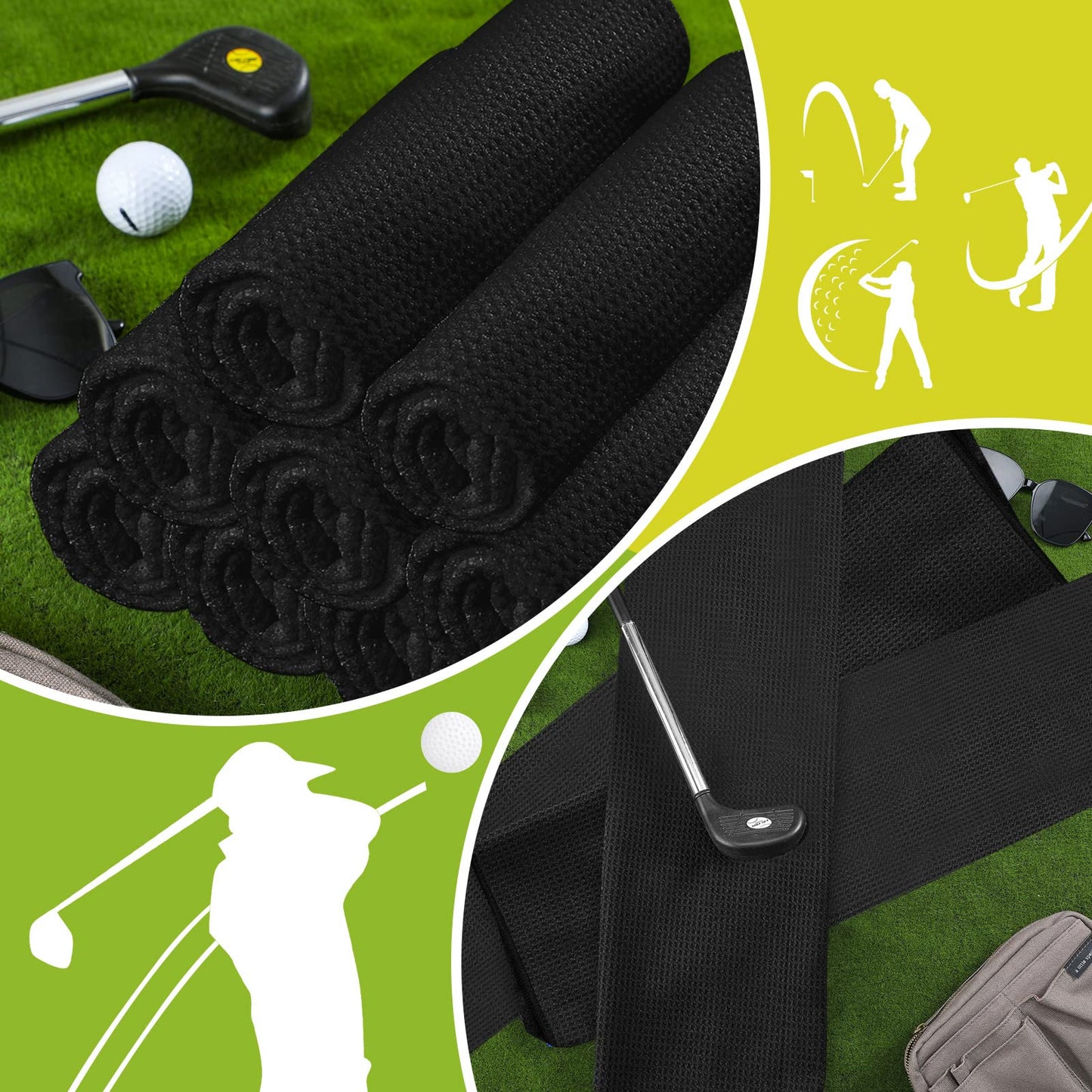 Meanplan 12 Pcs Microfiber Fabric Golf Towel 16 x 23 Inch Tri Fold Towels for Golf Bags with Heavy Duty Clip Waffle Pattern Towel for Men Women Club Gifts(Black)