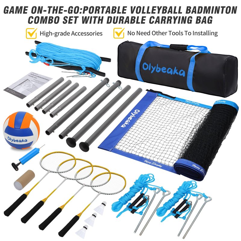 Olybeaka Outdoor Volleyball Badminton Combo Set with Net, Anti-Sagging Design, 4 Badminton Rackets, 3 Birdies and PU Volleyball for Backyard Lawn Beach (Deep & Light Blue Colorblock)