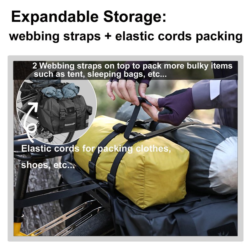 Rhinowalk Bike Pannier Bag with Rain Cover 22L Waterproof Bicycle Double Pannier Bags with Support Plate for Long Distance Riding Saddle Pouches for Bike Rear Rack Cycling Accessories(Black)
