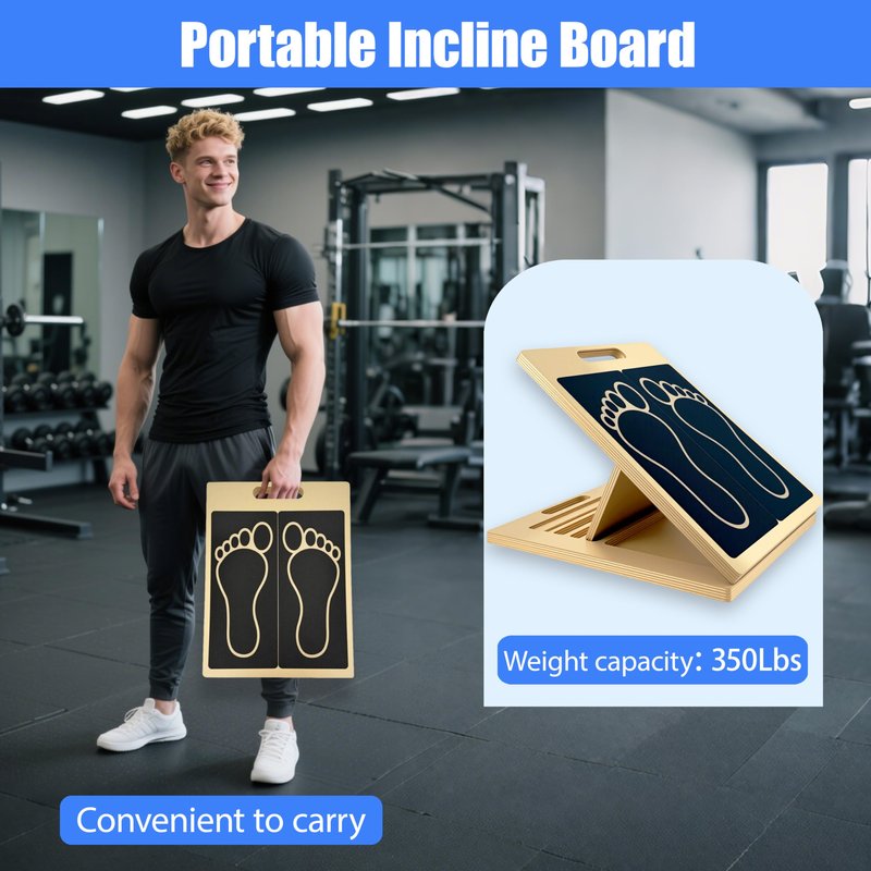 Rwotlls Slant Board for Calf Stretching, 15°/20°/25°/30°/35°/40° Portable Wooden Incline Board, Calf Stretcher & Squat Wedge for Physical Therapy, Knees, Feet, Leg, Ankle, Heel, with Footprint Markings and Training Poster
