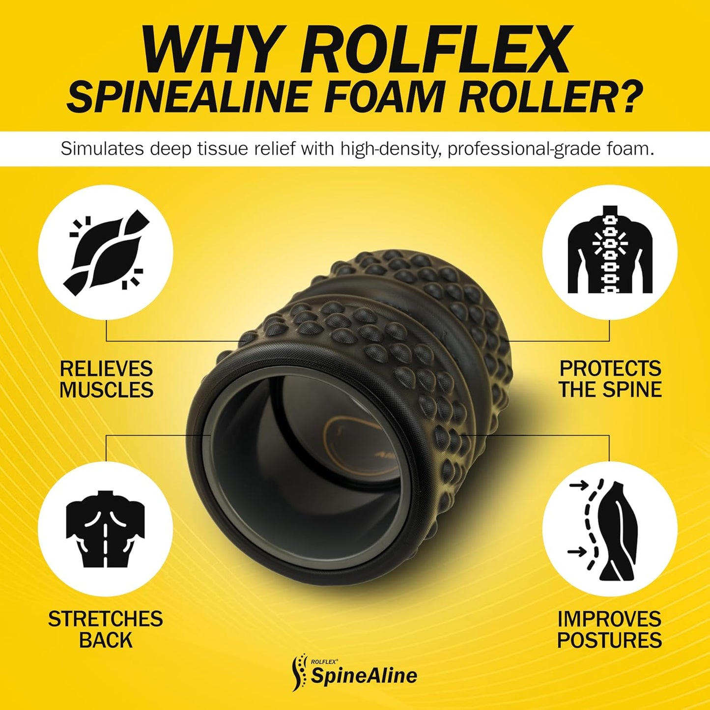 Rolflex SpineAline Back Roller - Ergonomic Deep Tissue Massage Tool for Spine Alignment - Supports 300 lbs - Black