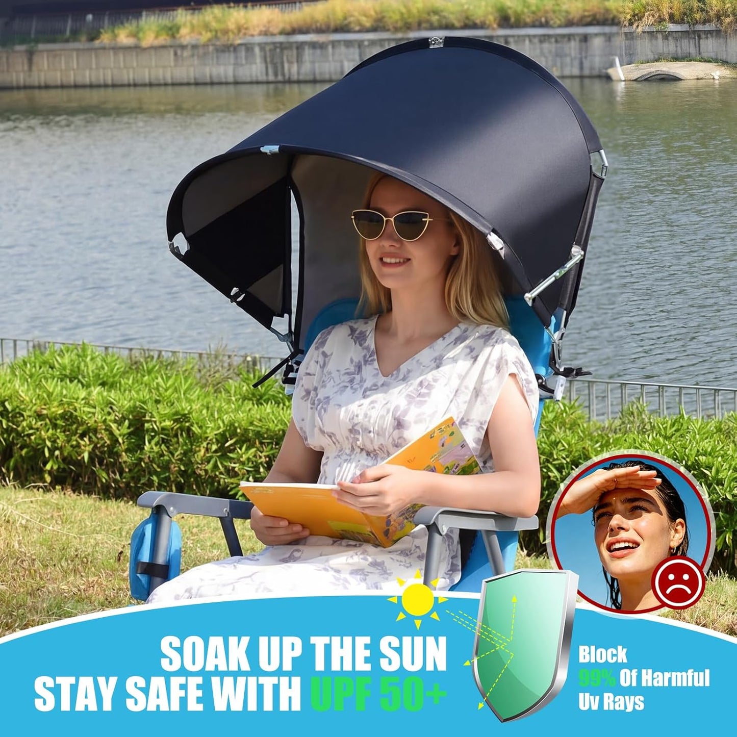 Skiennix Universal Chair Umbrella Canopy - Foldable Portable Sun Shade Attachment with Adjustable Clamp for Beach, Camping, and Outdoor Use