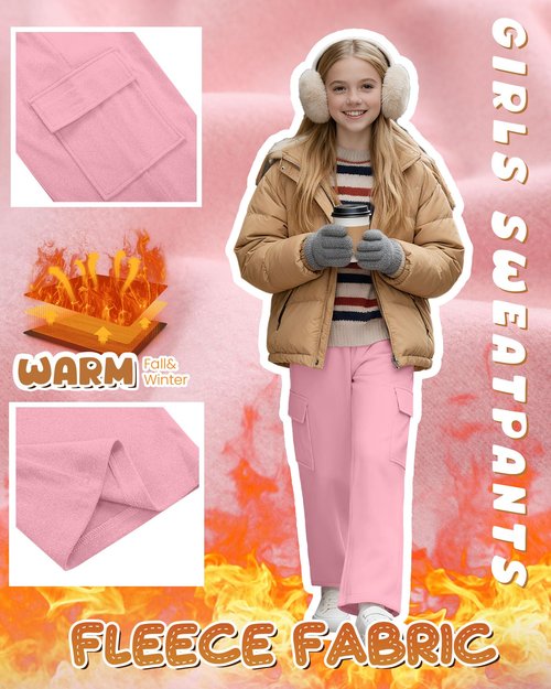 LessonZoo 3 Pack Girls Thermal Fleece Cargo Sweatpants 5-14y 4 Pockets Kid Warm Wide Leg High Waist Baggy Casual Pants Jogger(Pink, Heather Gray, Black,9-10 Years)