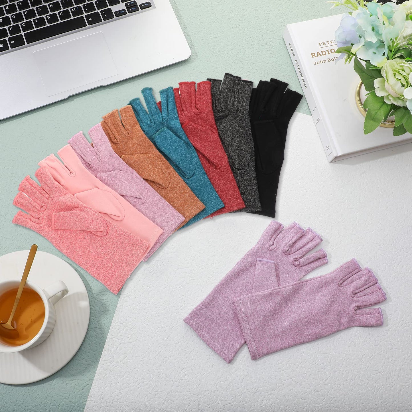 Crowye 8 Pairs Arthritis Compression Gloves Relieve Muscle Pain Fingerless Gloves Bulk Typing coverings for Women Men(Medium,Colorful)