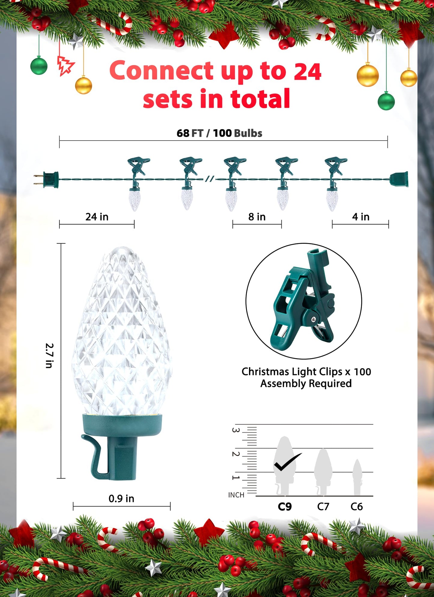 C9 LED Christmas Lights Outdoor, 68 Feet 100 LED C9 String Lights with 100 Spring Clips, Waterproof Connectable Christmas Tree Lights for Outside Roofline Patio Home Xmas Decor, Pure White