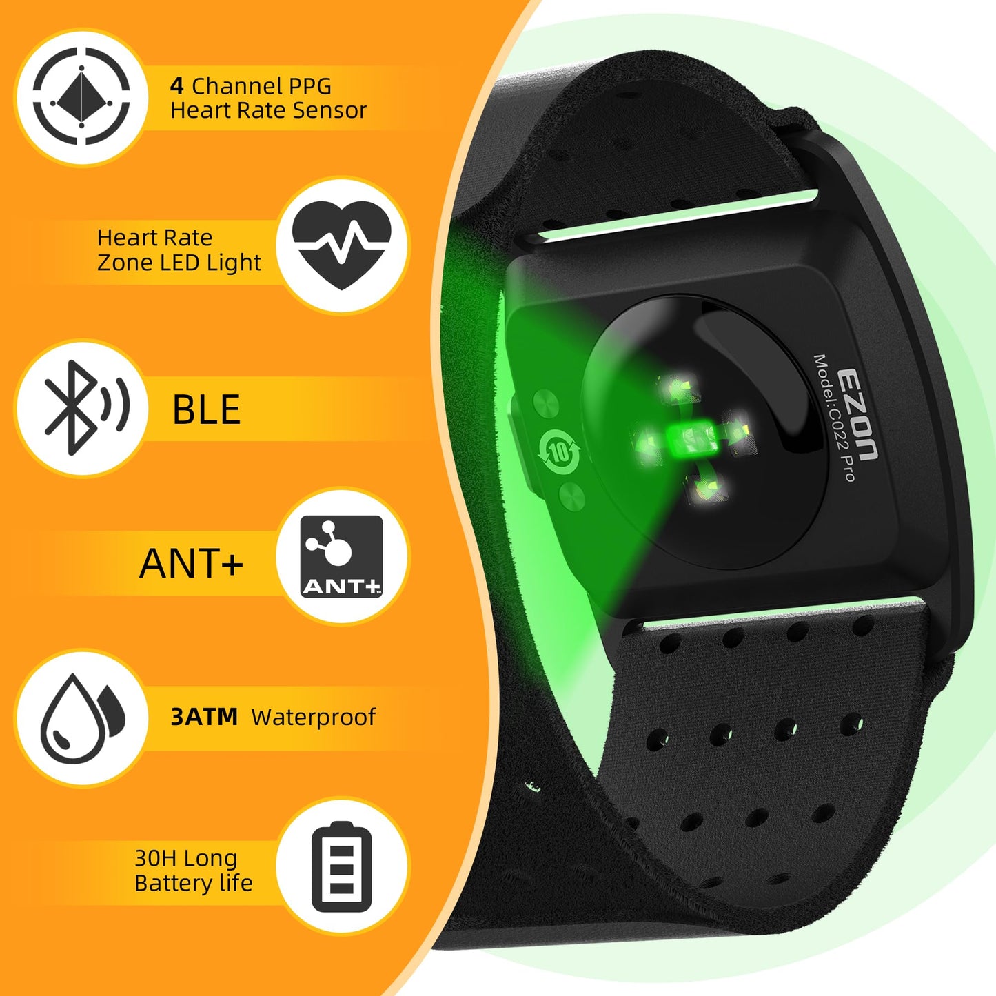 EZON C022Pro Heart Rate Monitor Armband with ANT+ & Bluetooth, LED HR Zone Indicator Lights,3ATM Waterproof, Adjustable Arm Strap for Running Cycling Gym, Compatible with Peloton/Wahoo/Strava