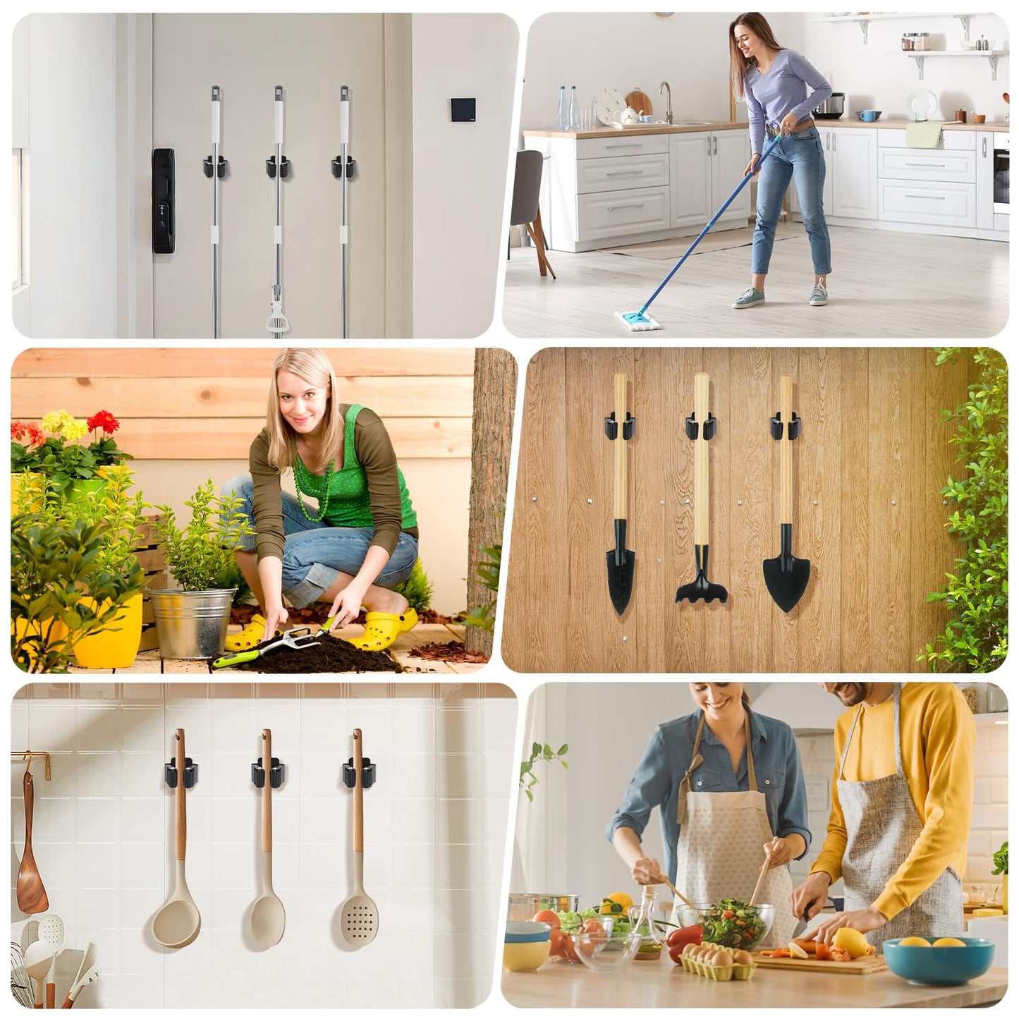 Yiows Broom Holder Wall Mount, 7PCS Broom Hanger Wall Mount, Stainless Steel Heavy Duty Mop Holder Broom Mop Hanger Wall with Screws, Garden Outdoor Tool Organizer Rack Broom Hanger (Black)
