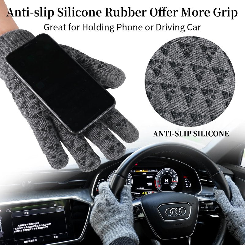 Men Beanie Hat Scarf Touchscreen Gloves Set Winter Warm Knit Fleece Lined Thick Thermal Neck Warmer Dark Grey Cap with Earflap for Cold Weather Outdoor
