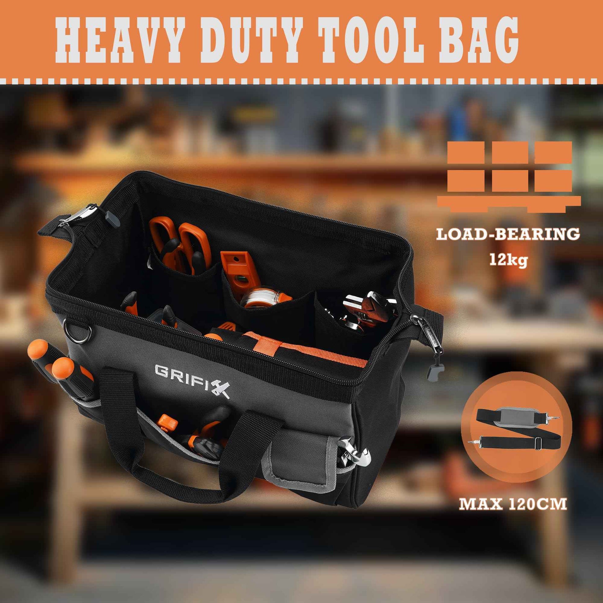 GRIFIX 14-inch Tool Bag, Portable Tool Box Organizer Storage, Wide Mouth Tool Tote Bag with Large Zipper, 14-Pocket Adjustable Shoulder Strap and Ergonomic Handle (14" Standard Base)