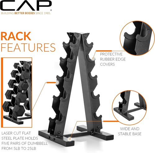 CAP Barbell Rubber Coated Dumbbell Weight Set - Vertical Rack Included | 100 lb, 150 lb, 210 lb Options