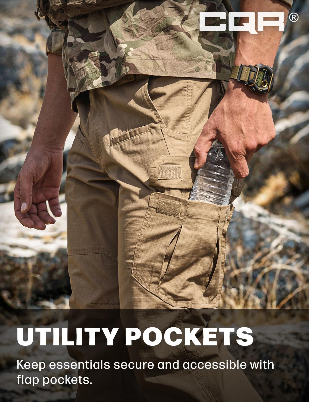 CQR Men's Tactical Pants, Water Resistant Ripstop Cargo Pants, Lightweight EDC Work Hiking Pants, Outdoor Apparel, Raider Cougar, 42W x 32L