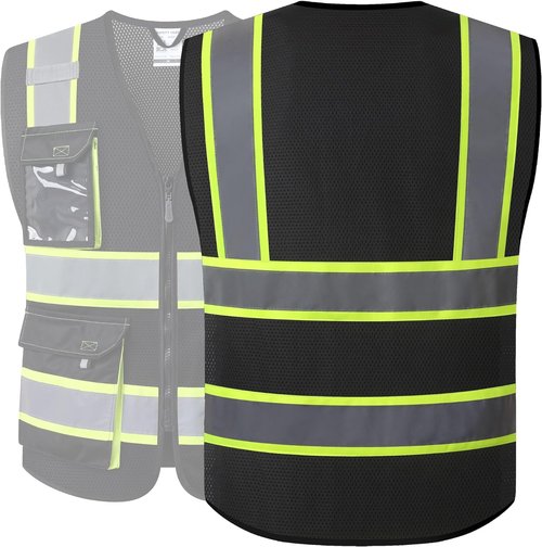 JKSafety Hi-Vis Reflective Safety Vests - High Visibility Mesh Vest with Pockets | Neon Black (L)