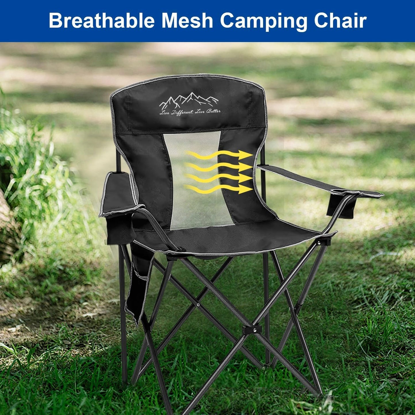 Skiennix Outdoor Folding Camping Chair - Breathable Mesh, 400lbs Capacity, Includes Cup Holder & Storage Bag | Black