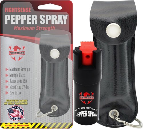 FIGHTSENSE Pepper Spray - Compact 1/2 oz Maximum Strength Formula | Best Self Defense Tool for Women with Leather Pouch Keychain