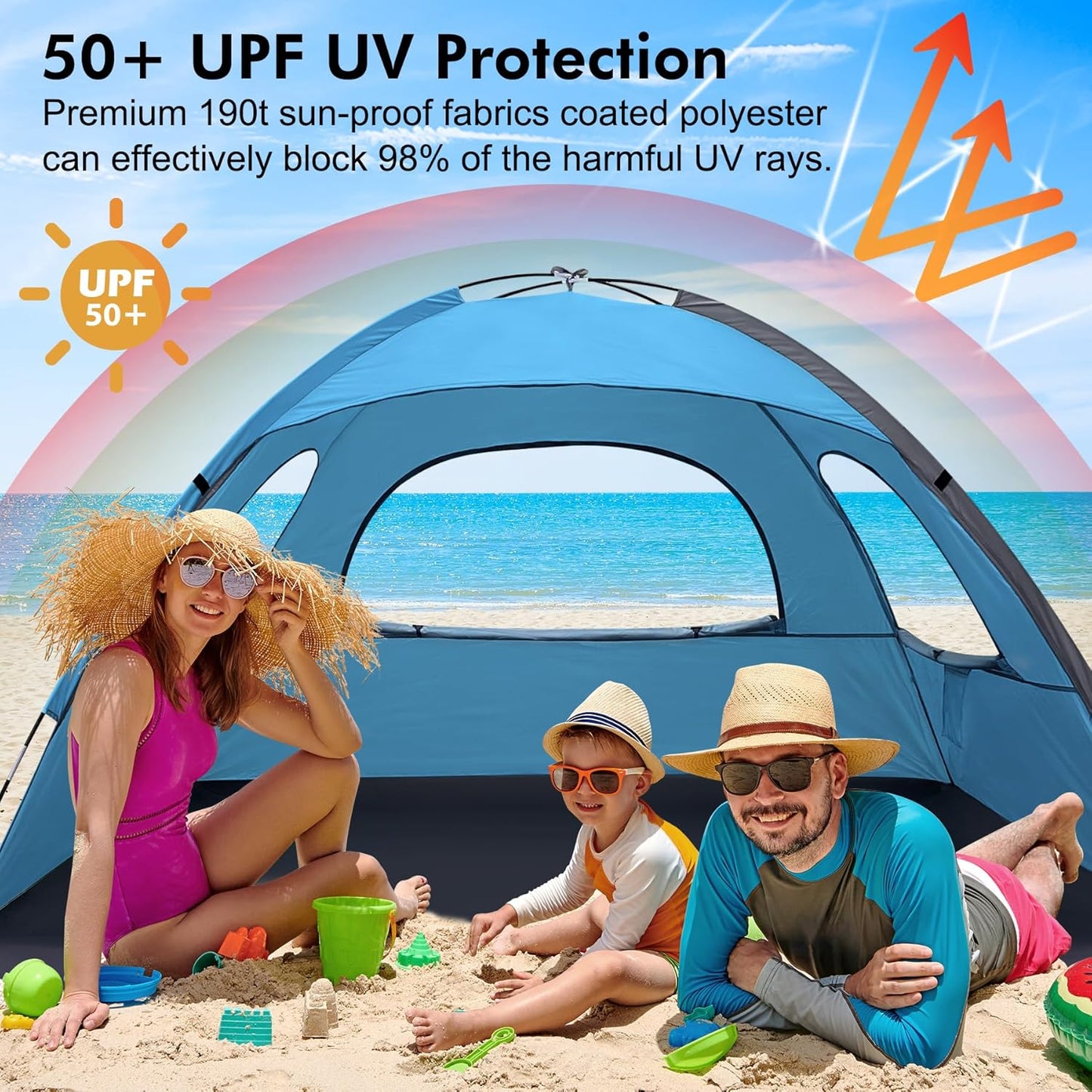 WhiteFang Beach Tent - Anti-UV Portable Sun Shade Shelter for Up to 8 People | Extendable Floor & 3 Mesh Windows