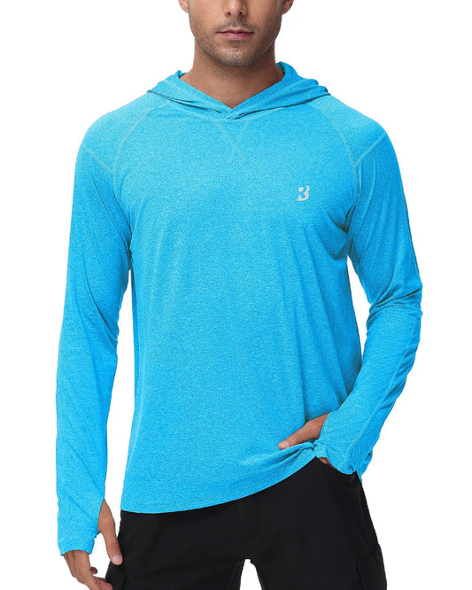Mens UPF 50+ Fishing Swim Shirt - Long Sleeve Sun Shirts Rashguard Running Hiking Beach Workout Hooded Shirt with Thumbhole