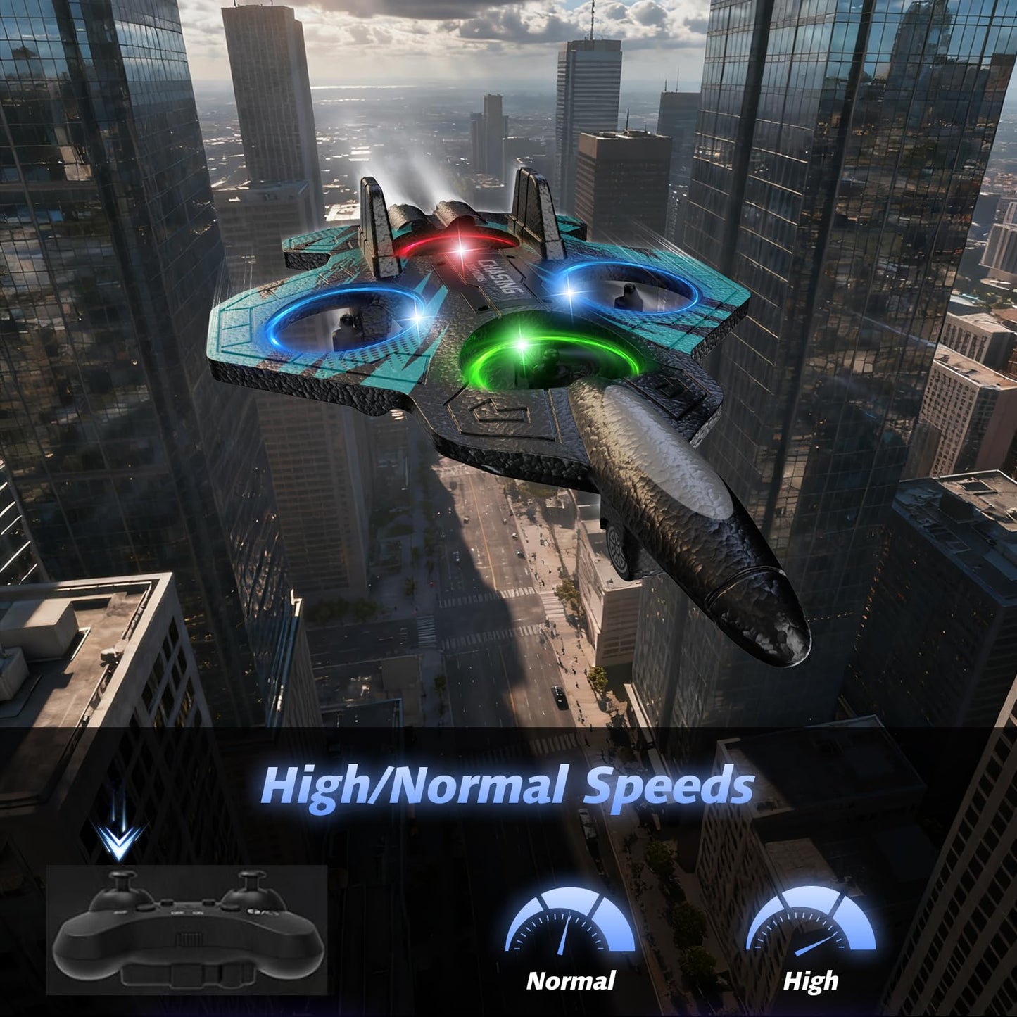 FUNPX Foam RC Airplane with Cool Led Light, 360° Flip and Headless Mode, Remote Control Airplane RC Plane for Kids Adults Aged 6+, RC Flying Toy for Kids, Birthday Gift - Black Blue