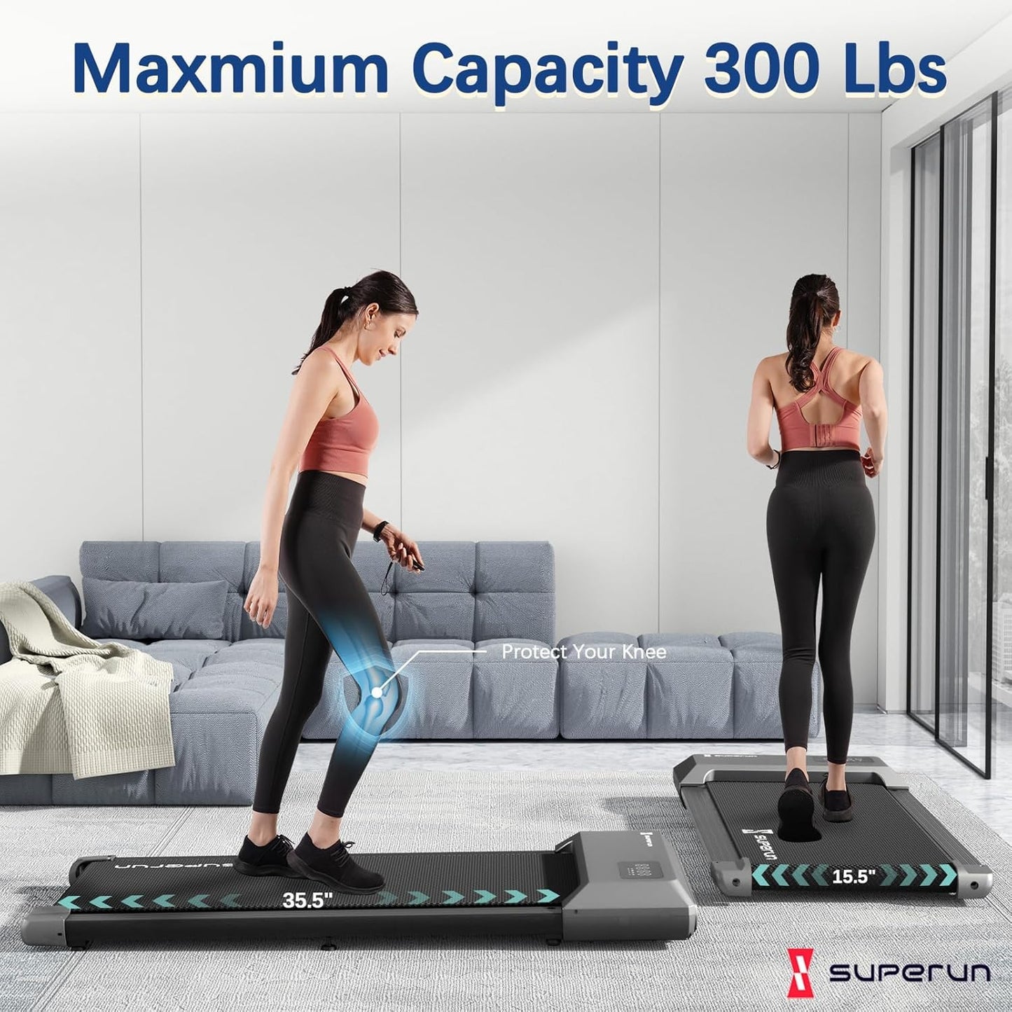Superun 2 in 1 Walking Pad - Portable Under Desk Treadmill with 300lbs Capacity & LED Display for Home/Office