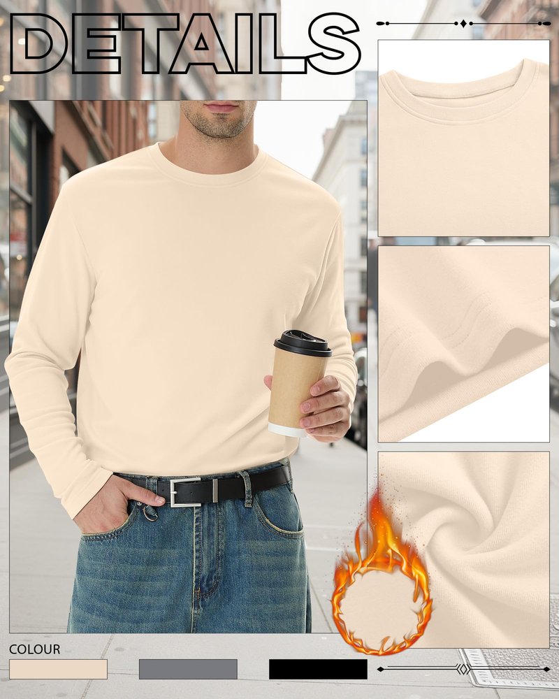 Velvelhall 3 Pack Mens Long Sleeve Shirts Crew Neck Thermal T-Shirt Thick Pullover Basic Tops Casual Comfortable Sweatshirt(Apricot, Light Gray, Black,Large)