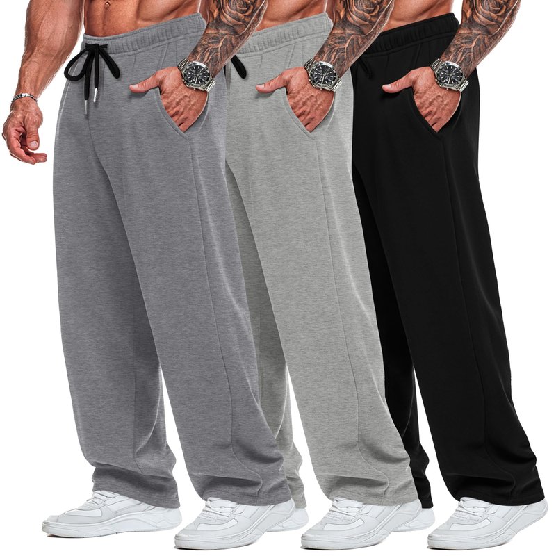 Neer 3 Pack Big and Tall Men's Sweatpants Wide Leg Open Bottom Plus Size Athletic Pants Baggy Workout Joggers with Pockets(Black, Light Gray, Grey,3XL)