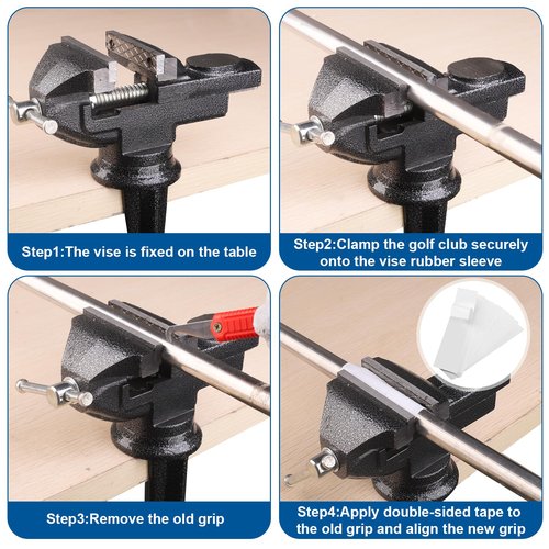 Joisonwoo Golf Grip Regripping Kit - Table Vise Clamp with Rubber Jaws, 360° Swivel, Hook Blade, 15 Tapes & Gloves, No Glue Included, Complete Tool Set for Golf Club Handle Removal & Installation