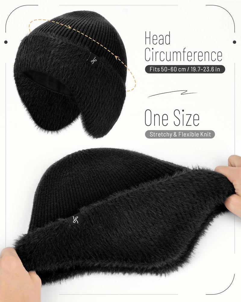 HAMUNI Winter Fleece-Lined Beanie with Earflaps, Warm Windproof Unisex Beanie Hat for Skiing, Hiking & Outdoor Winter Sports Pitch Black