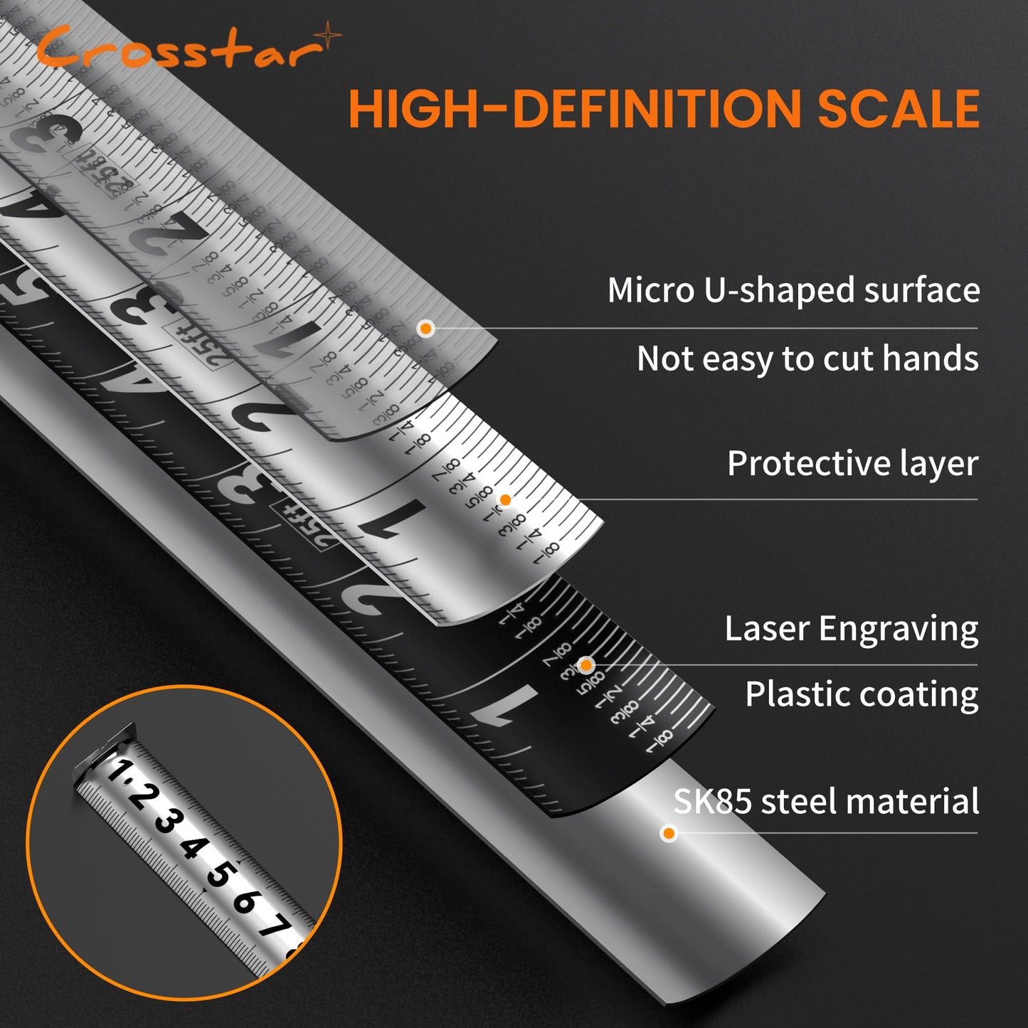 Crosstar 25FT Magnetic Self-Locking Stainless Steel Tape Measure, Double-Sided Scale, Waterproof & Rustproof Retractable Measuring Tape with Hollow Design for Home, Industrial, Woodworking