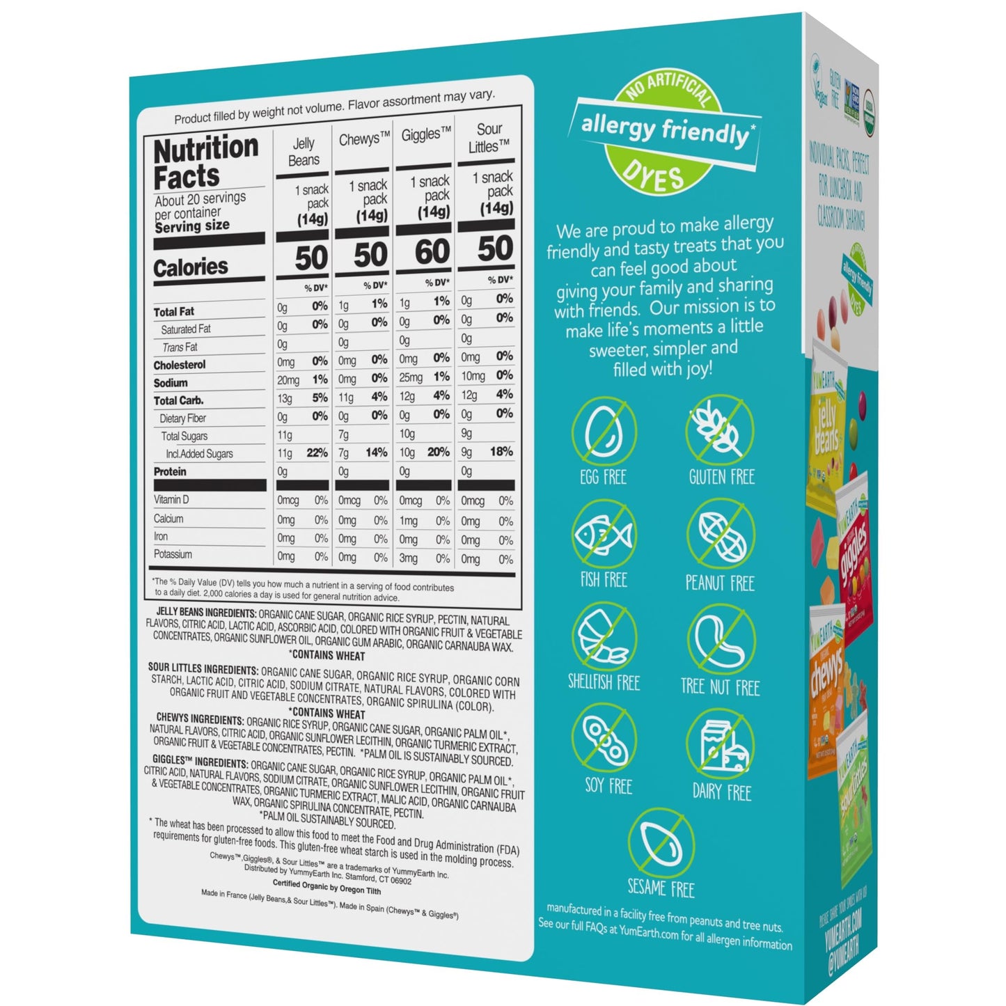 YumEarth Organic Variety Box - Jelly Beans, Giggles, Chewys, Sour Littles - Allergy Friendly (Top 9 Free), No Artificial Dyes, Non GMO, Gluten Free, Vegan -Individually Wrapped (Pack of 20)