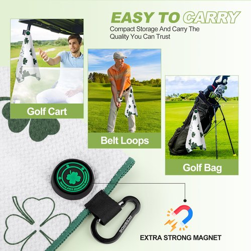 Magnetic Golf Towel for Golf Bags Microfiber Fabric Waffle Pattern Towels for Men or Women, Magnet Golf Towel with Heavy Duty Carabiner Clip Golf Accessories (Lucky Clover)