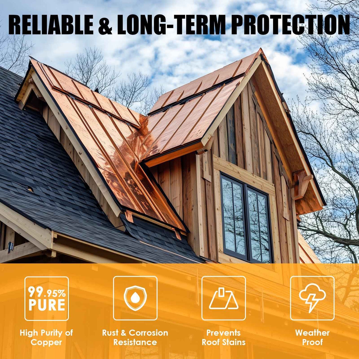 Royilink Copper Flashing Roll - 26 Gauge (0.016'/0.4mm) Thickness, 8in x 10ft, ASTM B152 99.95%+ Pure Copper, Roofing & DIY Project