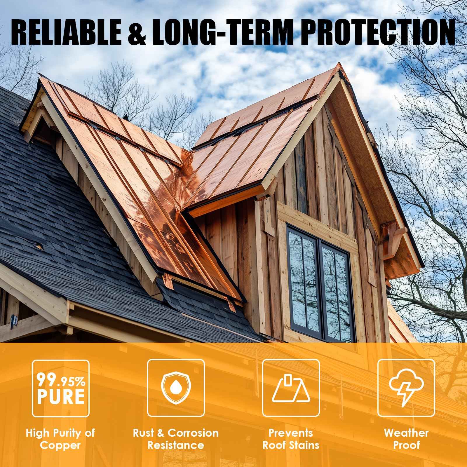 Royilink Copper Flashing Roll - 26 Gauge (0.016'/0.4mm) Thickness, 8in x 10ft, ASTM B152 99.95%+ Pure Copper, Roofing & DIY Project