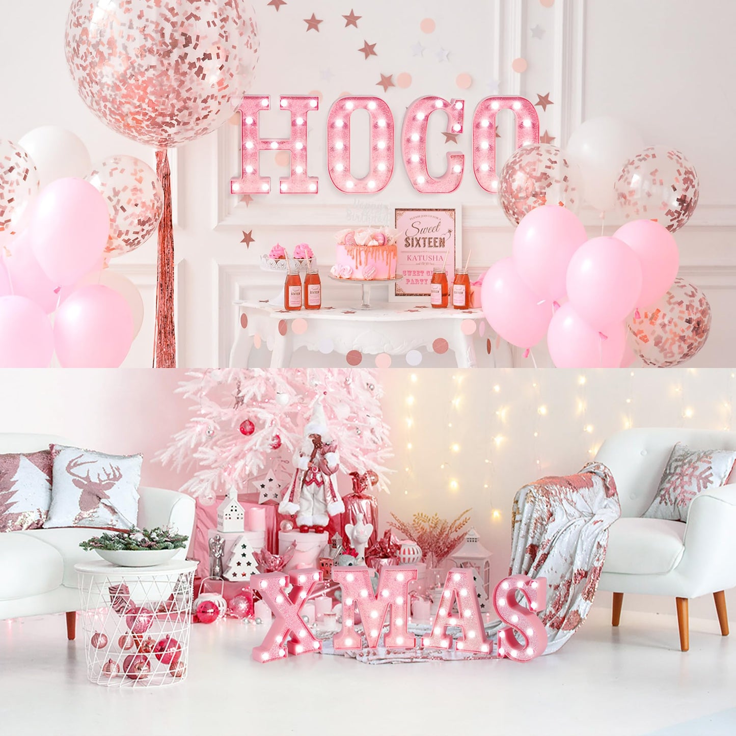 EUFONY Pink LED Marquee Light Up Letters, Glitter Alphabet Letter Lights for Birthday Party Decorations, Battery Operated Letter Signs for Girls Room Table Decor, Pink letter A with Cool White Lights