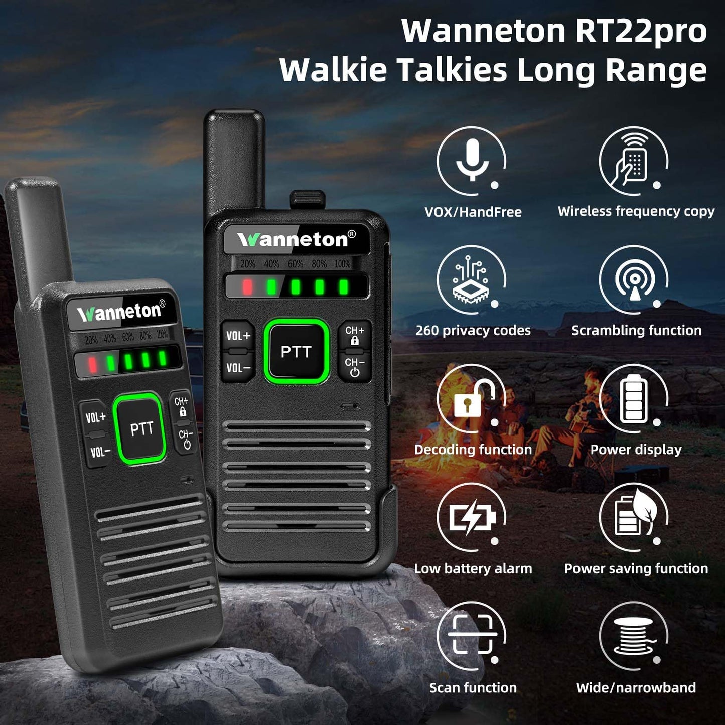 Wanneton RT22pro walkie talkies Wireless Frequency Copy Rechargeable Walkie Talkies for Adults,walkie talkies 4 Pack Long Range with VOX, Scrambling, decoding, Battery Display, scanning.