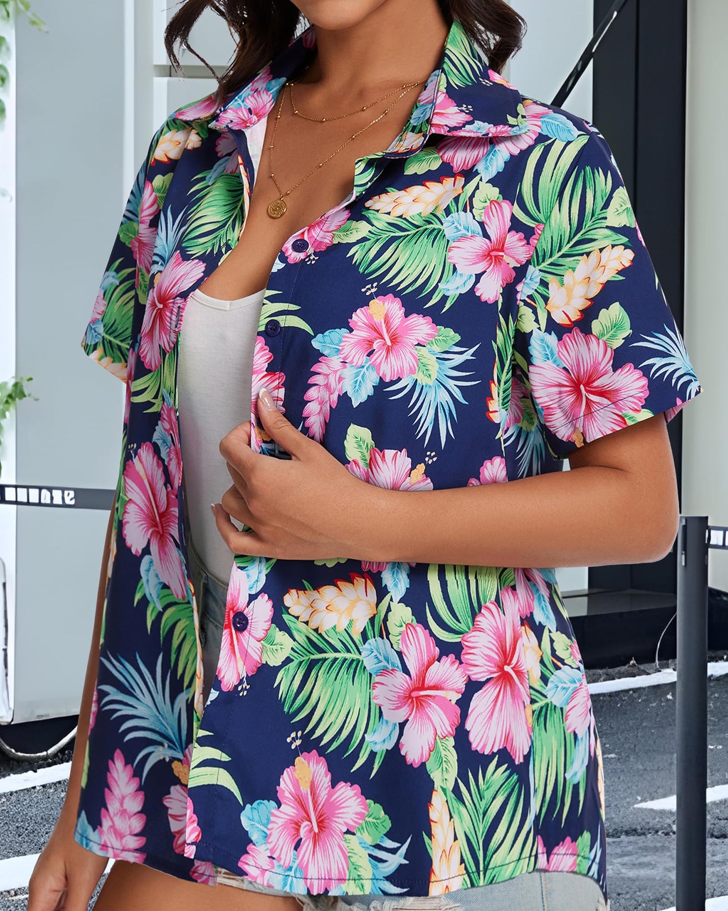 Women Hawaiian Shirt Button Down Summer Tops Beach Cool Short Sleeve V Neck Blouse(Pink Blue Floral,XL)