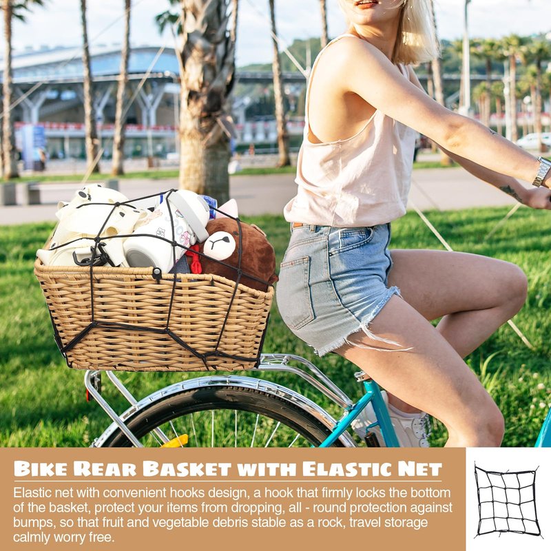 MEGHNA Bike Basket Woven Portable Rear Bicycle Basket with Protection Net Detachable Bike Rack Basket Bike Storage for Rear Rack of Most Kinds of Bike (Wood - with Net)