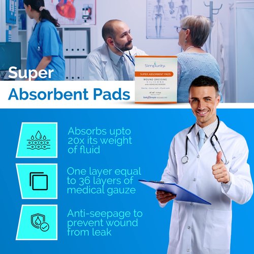 Simpurity Super Absorbent Polymer Wound Dressing - 8"x10" Individual Thick Pads - Dressing Supplies for Wounds - Bordered Polymer Dressing for Wound Care