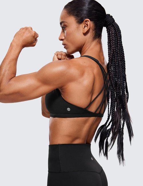 CRZ YOGA Women's Criss Cross Sports Bra - Wireless Padded Medium Support Gym Cami in Black