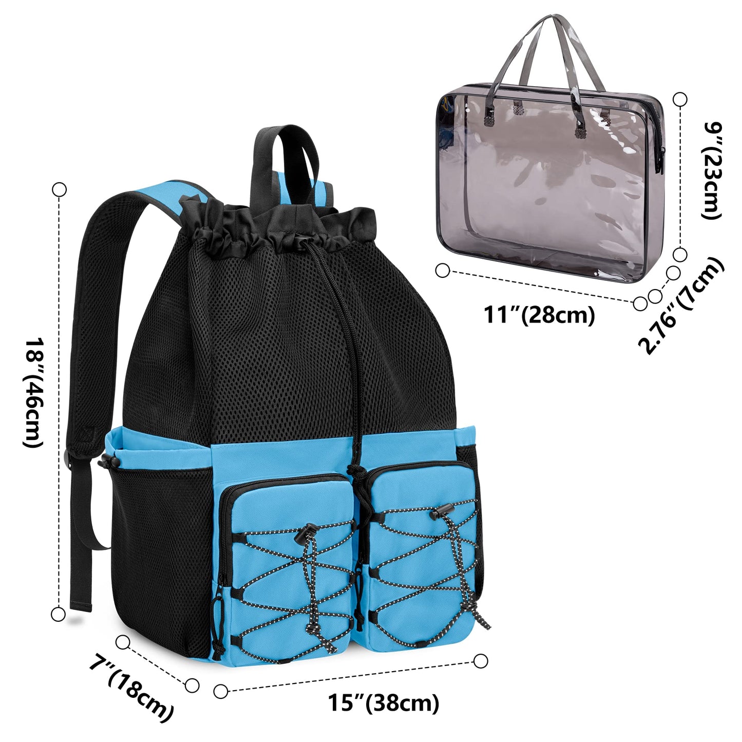 Fasrom Mesh Beach Bag Backpack with Waterproof Bag and Pocket, Large Drawstring Swim Backpack for Travel, Gym and Pool Sports, Blue (Patent Design)