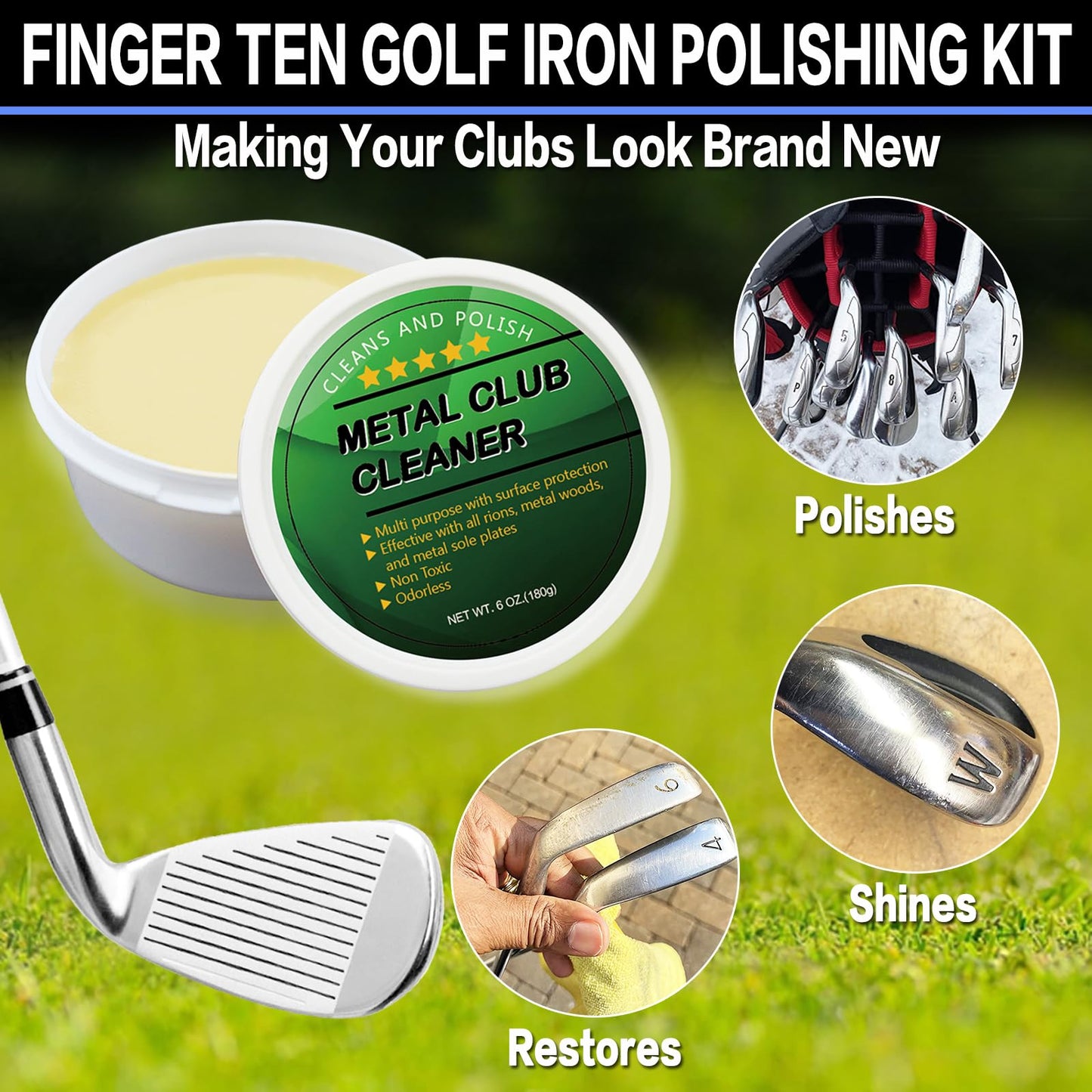 FINGER TEN Golf Iron Polishing Kit Club Cleaner Polish Cleaning Solution Golf Club Care Set Golf Brush Cleaner Sponge Value Pack (Club Cleaner 8 Set)