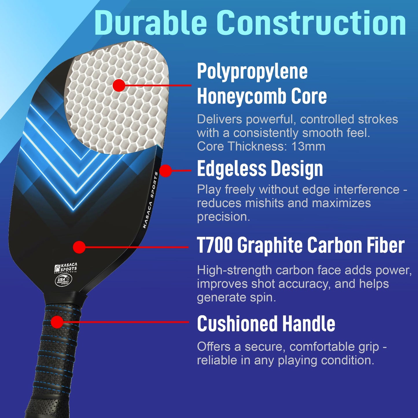 Kasaca Sport Edgeless Pickleball Paddles USAPA T700 Carbon Fiber Pickleball Paddle with Pickle Ball Paddle Cover Pickle Ball Raquette Pickle Ball Racket Pickleball Racket Lightweight Single Paddle
