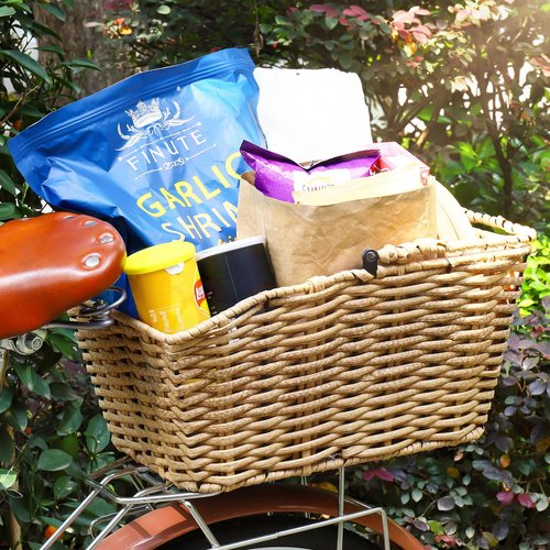 ANZOME Bike Basket Rear, Woven Rectangular Bike Basket with Waterproof Cover & Cargo NetMount on The Back Seat Fits for Most Rear Bike Racks