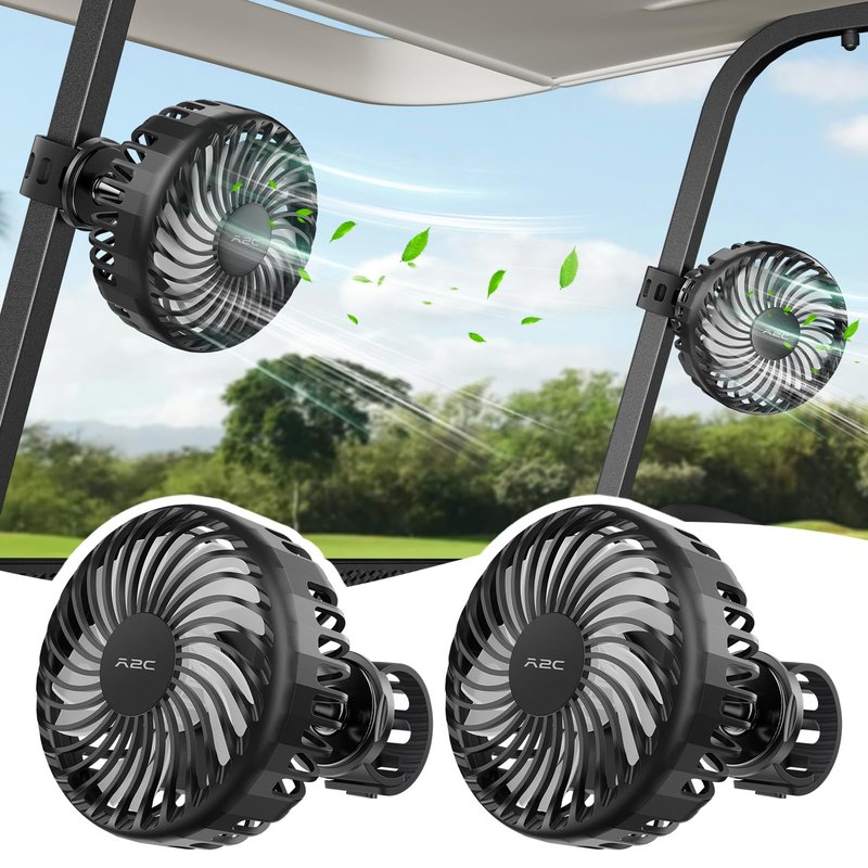 A2C 2-Pack Rechargeable Golf Cart Fan, Battery Operated Clip On Fan for EZGO Club Car Yamaha, 360° Rotating Portable Summer Cooling Fan, Golf Season Course Cart Essential Accessories for Outdoor (2)