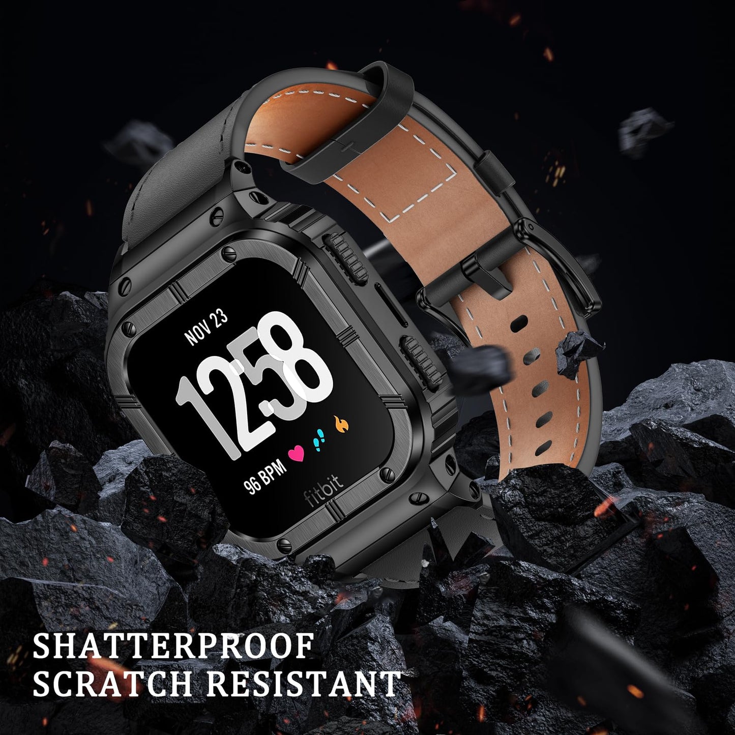 BAITEYOU Leather Bands with Stainless Steel Case Compatible with Fitbit Versa 1 2 3 4 Lite Sense 2 1 Protective case for men