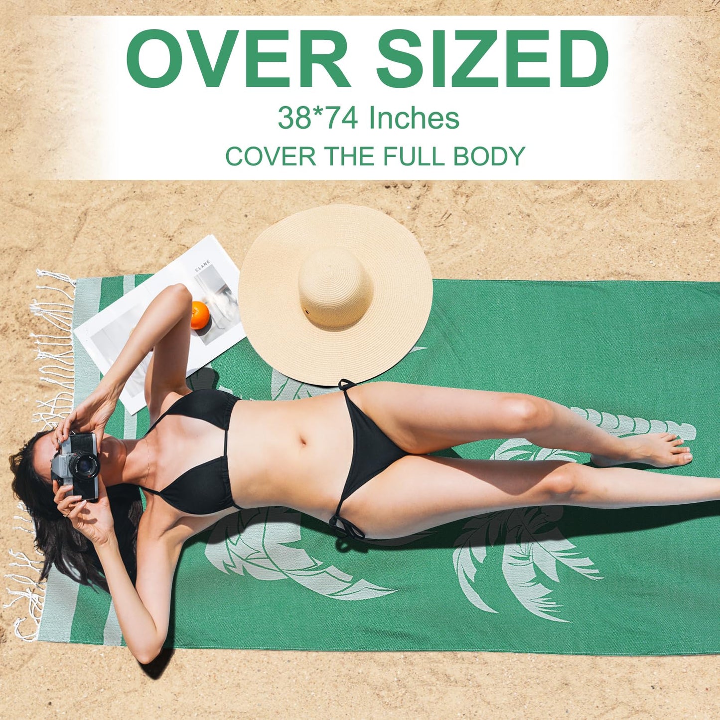 Genovega Oversized Cotton Turkish Beach Towels 72"x36" Lightweight Quick Dry Sandless Pool Swim Towel Large No Sand Compact Blanket Adult Travel Essentials Cruise Accessories Must Haves Coconut Tree