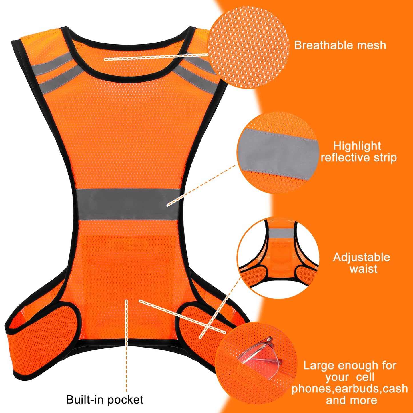 Ptwola Reflective Running Vest High Visibility Running Gear with Large Pocket Night Lightweight Reflective Safety Vest for Women Men Kids Biking Cycling Riding Walking Motorcycle Construction Workers