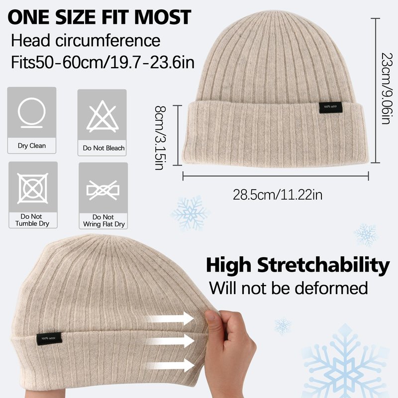Ababalaya 100% Wool Beanie for Men Women Windproof Double Layer Super Cozy Knitted Cuffed Beanies Unisex Warm Winter Hat for Large Head/Big Head Hats, Oatmeal
