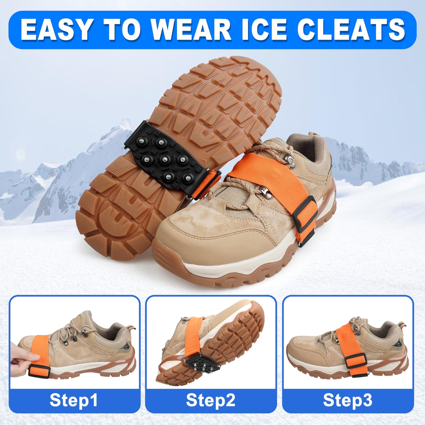 Mid-Sole Ice Cleats Crampons Snow Traction Cleats for Shoes and Boots Non-Slip Crampons with Adjustable Straps 7 Tungsten Studs for Secure Grip for Walking Jogging Hiking (Large/X-Large, 2 Pairs)