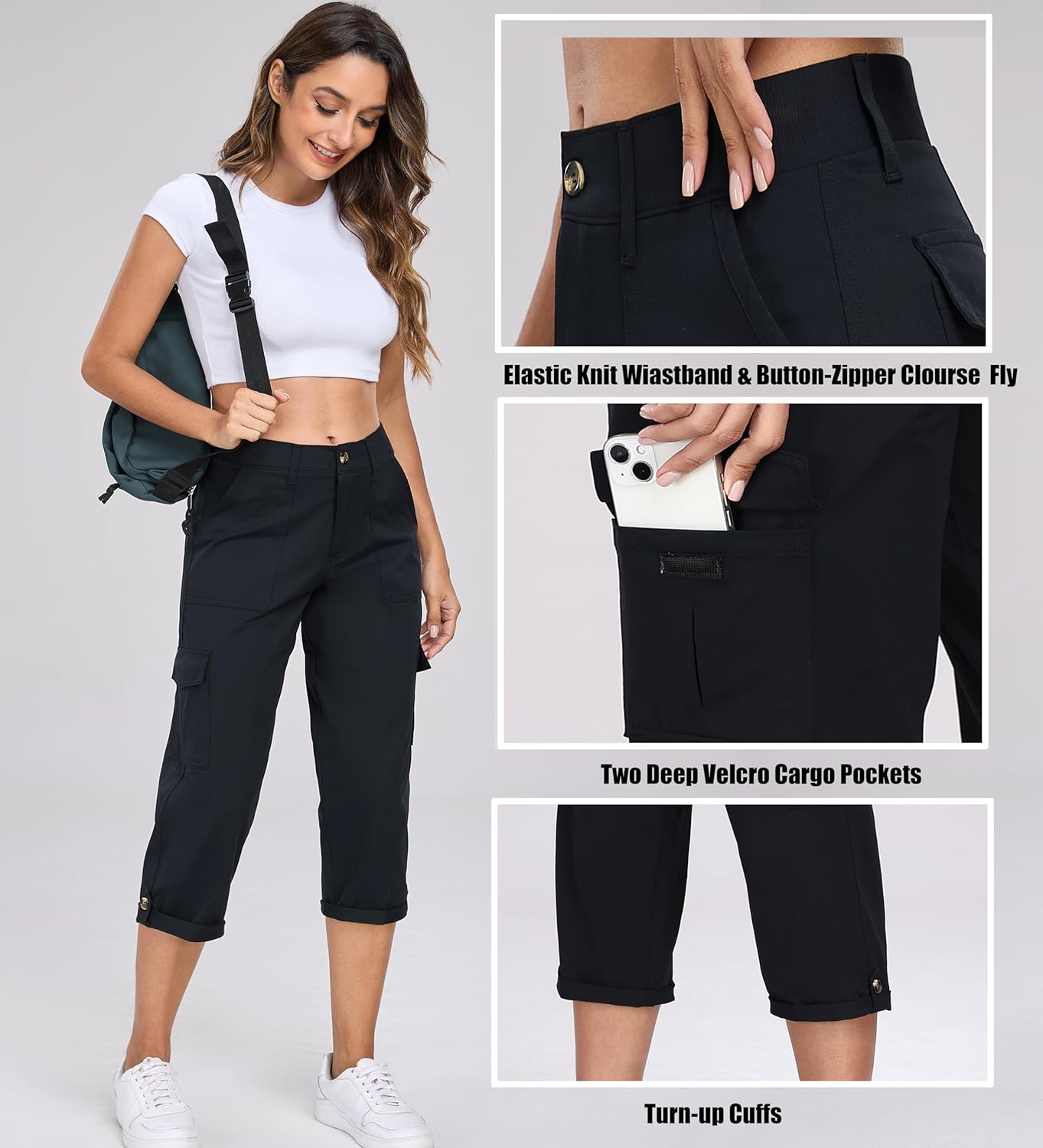 Oalka Women's Cargo Capri Pants - Relaxed Fit Knit Waist for Casual Hiking | Stylish Cropped Design